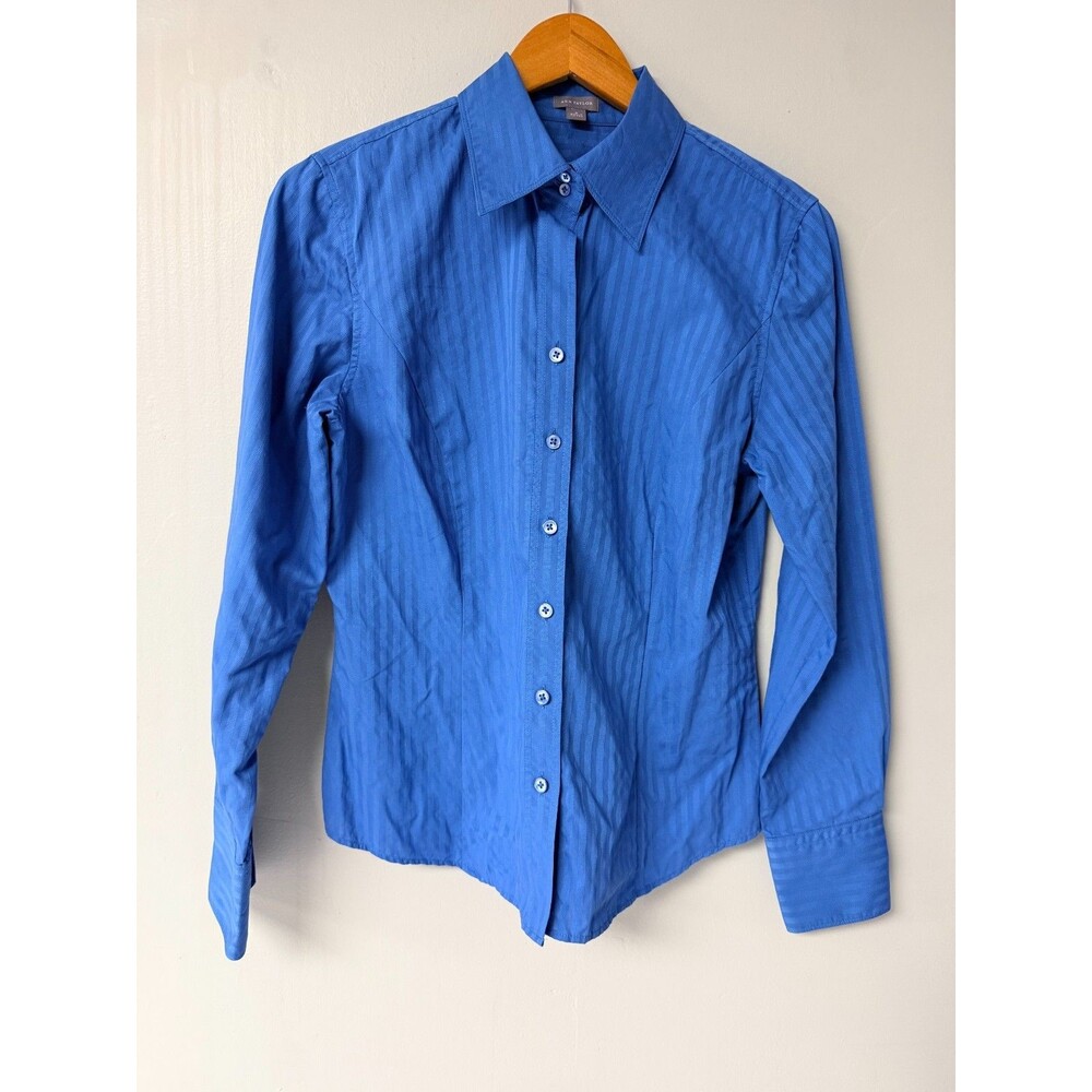 Ann Taylor Shirt Womens Medium Blue Tonal Stripe Cotton Long Sleeve Button Front